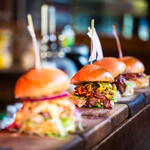 A row of hamburgers at a restaurant near Somerset Court in Baltimore, Maryland