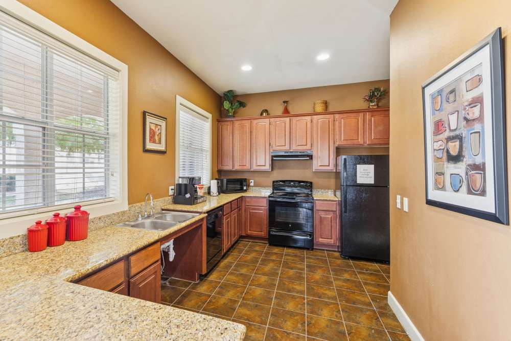 A view of the modern kitchen at Costa Vizcaya in Houston, Texas