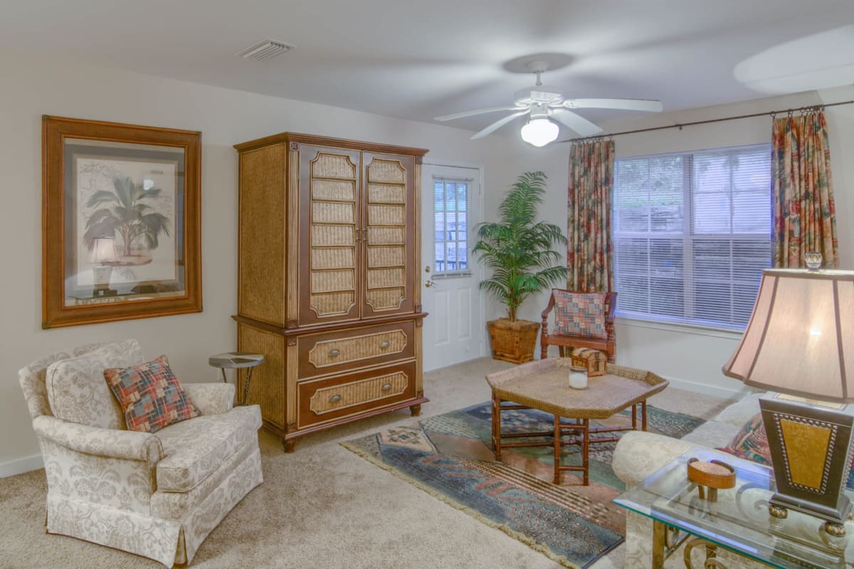 Apartment living room with a ceiling fan at Twin Oaks in Hattiesburg, Mississippi