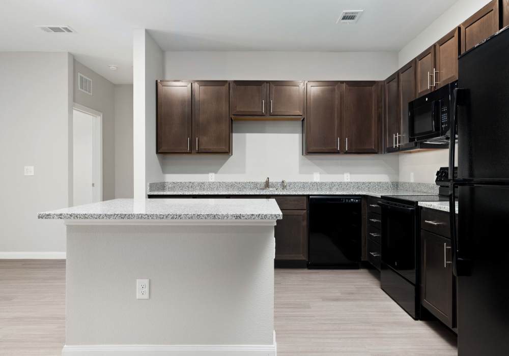 Modern kitchen with granite countertops, stainless steel appliances, and wood-style flooring at Preserve at Gresham Lake in Raleigh, North Carolina