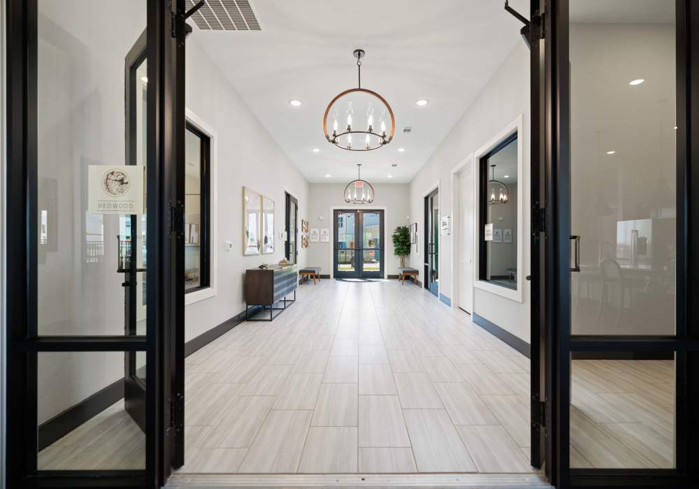 Modern entrance with tile flooring at Redwood in San Marcos, Texas