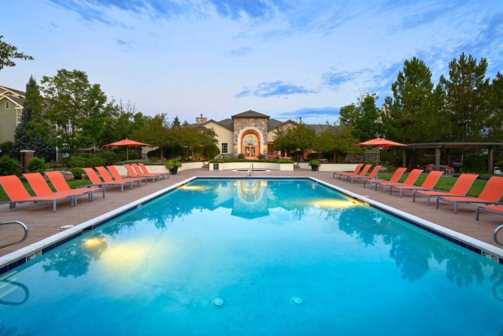 Large swimming pool at Legend Oaks Apartments in Aurora, Colorado