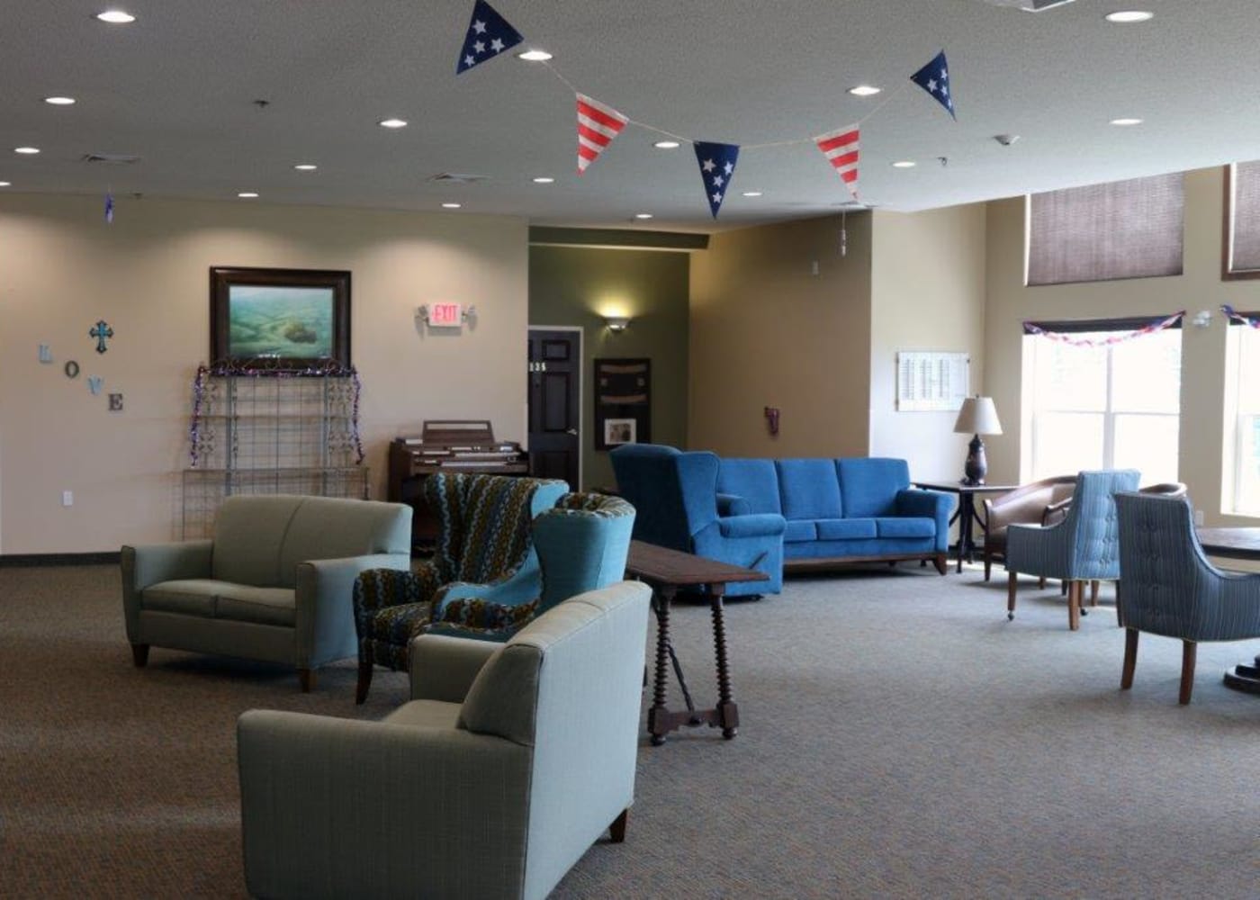 Activity room with lots of space and seating at Keelson Harbour in Spirit Lake, Iowa.
