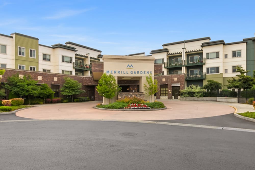 Exterior of main building at Merrill Gardens at Tacoma in Tacoma, Washington. 