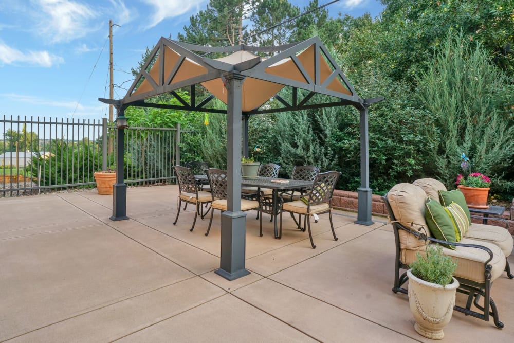Gazebo with seating and deck at Hillcrest of Loveland in Loveland, Colorado
