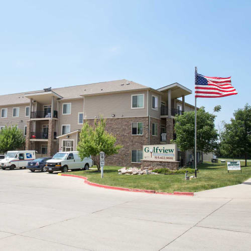 Exterior view and the main sign at Golf View in Pleasant Hill, Iowa