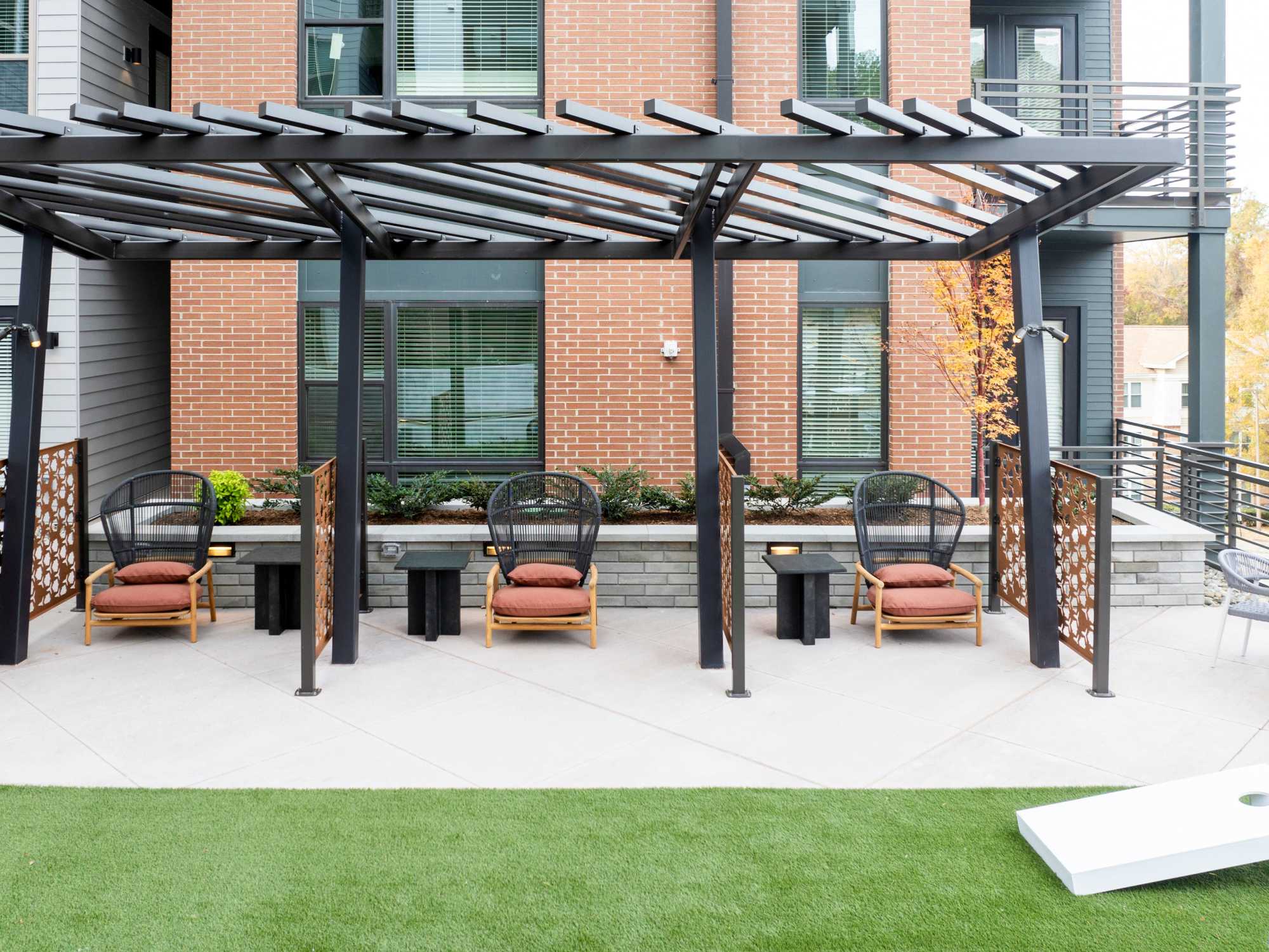Outdoor work stations in the courtyard at Terrazzo in Durham, North Carolina