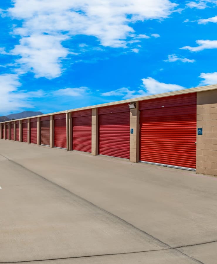 Exterior drive-up self storage units at StorQuest Self Storage in La Quinta, California