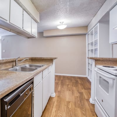 A well-equipped kitchen in an apartment at Santa Fe Apartment Homes in Dallas, Texas