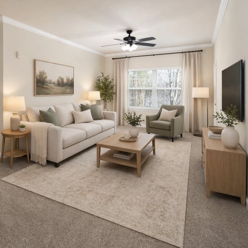Furnished living room with sofa and coffee table at Villas at Marlin Bay in Clover, South Carolina