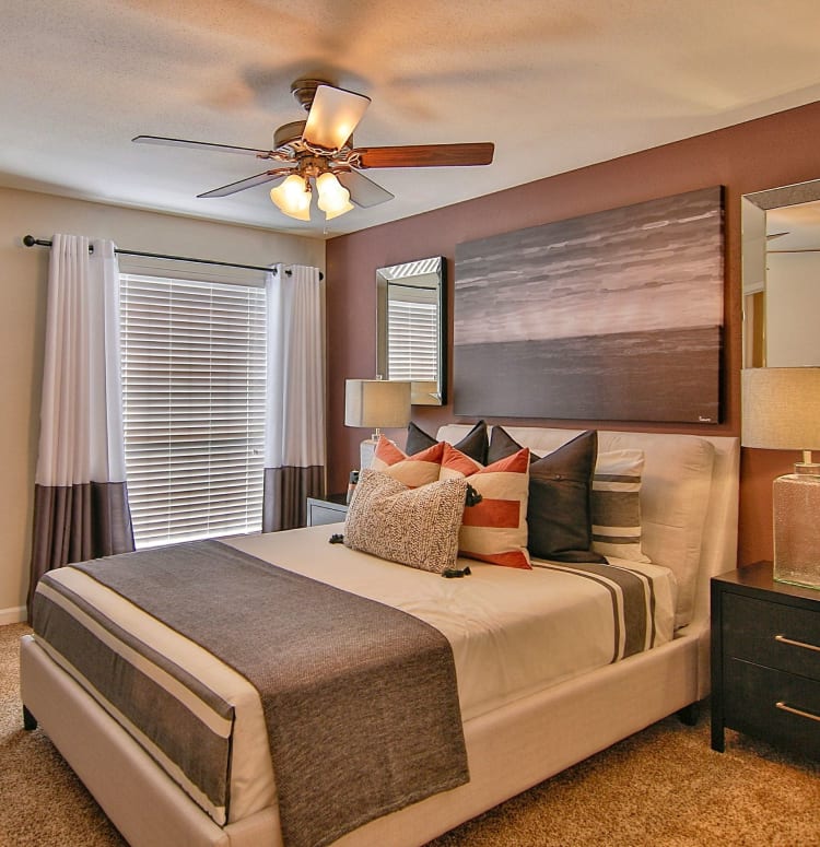 Well-decorated bedroom in model home at Allegro on Bell in Antioch, Tennessee