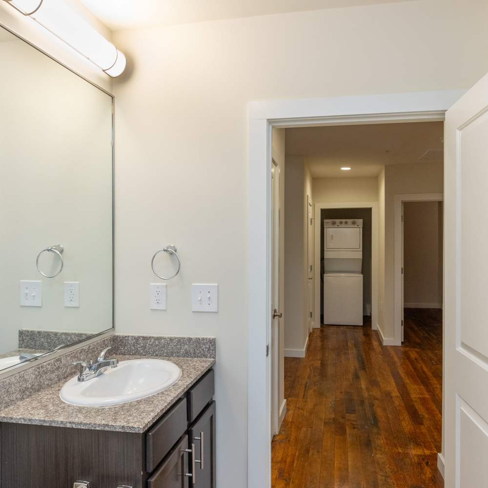 Storage cabinets of the bathroom at Lofts at Inman Mills in Inman, South Carolina