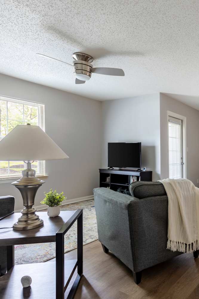 Sunlit furnished living room at Hunters Point in Zionsville, Indiana