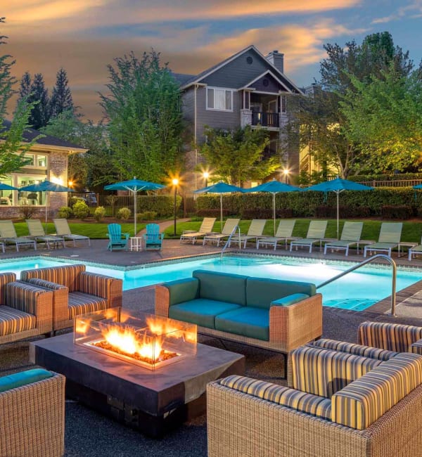 Beautiful pool and outdoor seating area at The Grove at Orenco Station in Hillsboro, Oregon