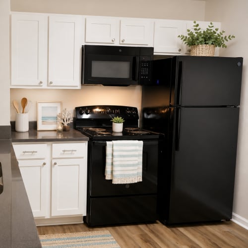 Fully equip kitchen with black appliances at Sabal Palms in Charleston, South Carolina