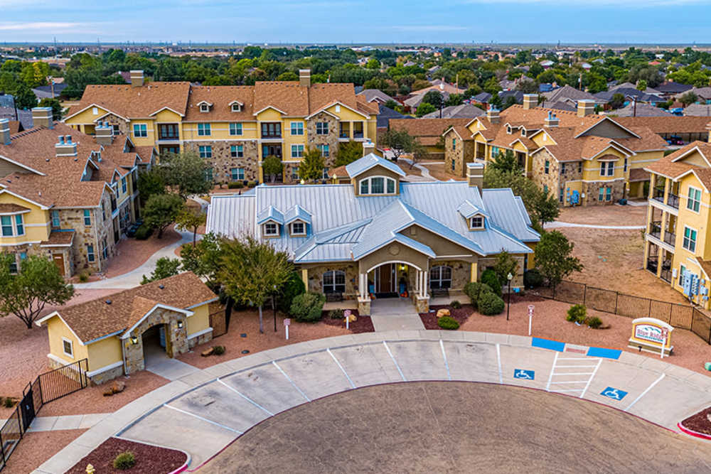 Aerial exterior shot of apartments at Blue Ridge in Midland, Texas