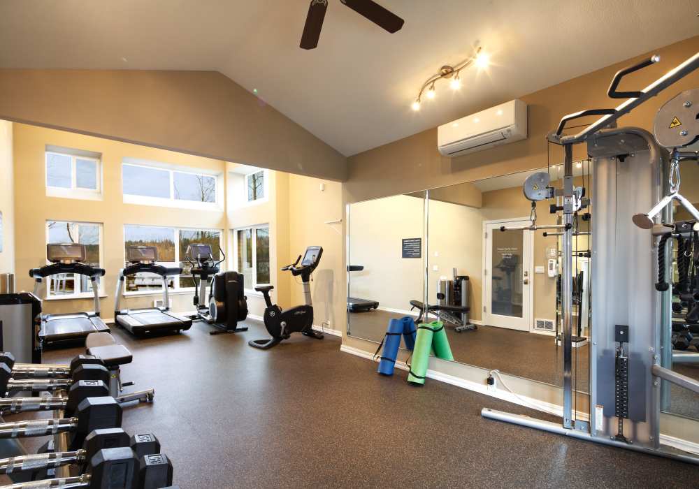 Fitness centre with cardio equipment at The Docks at Redmond Lakeview in Redmond, Washington