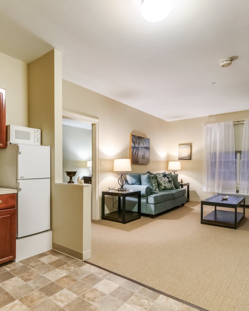 Bed in a 1 bedroom senior apartment at The Hearth at Southbury in Southbury, Connecticut
