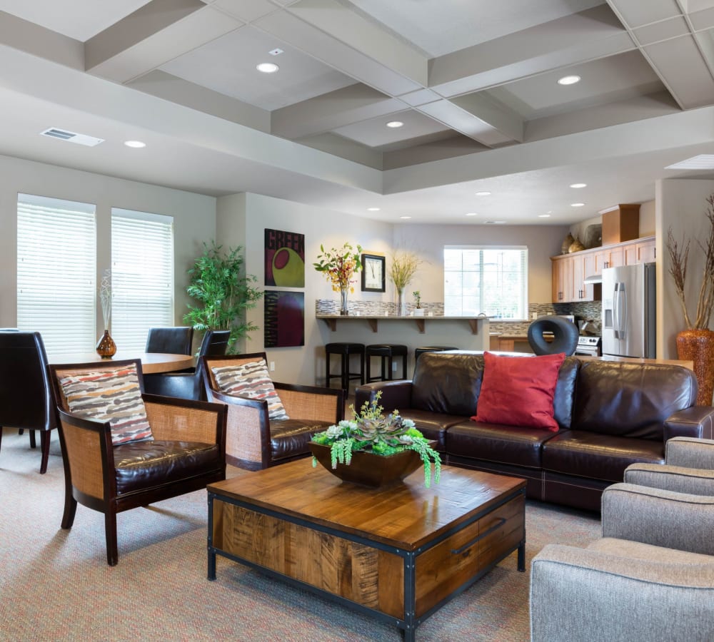 Resident clubhouse with a demonstration kitchen at The Jones in Hillsboro, Oregon