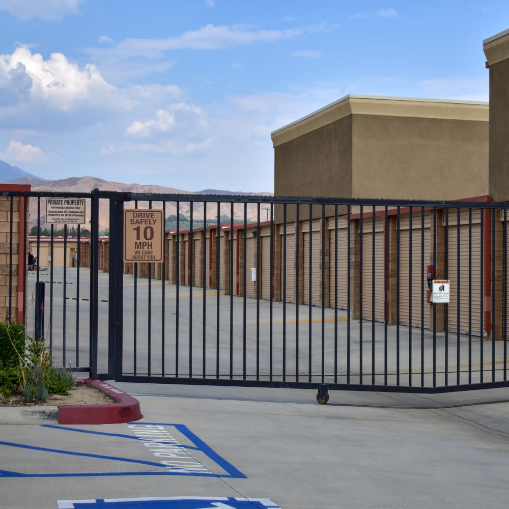 The secure front gate at STOR-N-LOCK Self Storage in Redlands, California