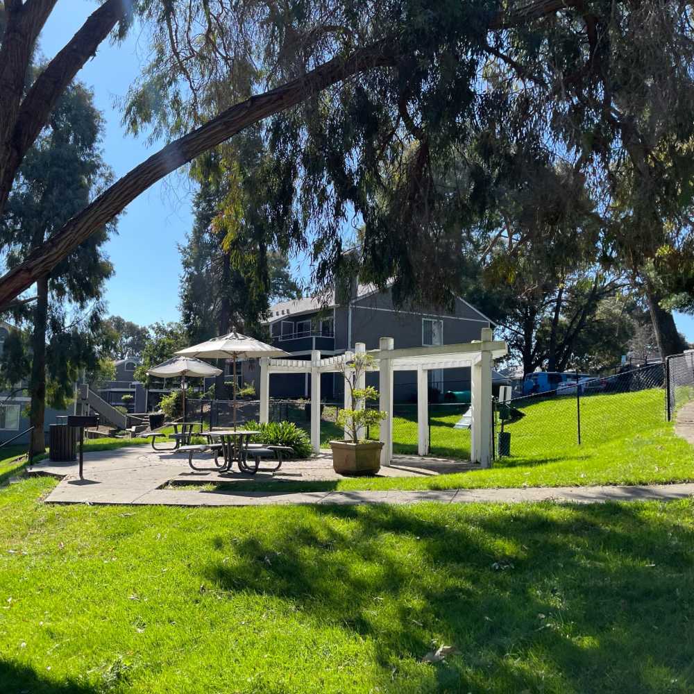 Community seating area at Bay Village in Vallejo, California