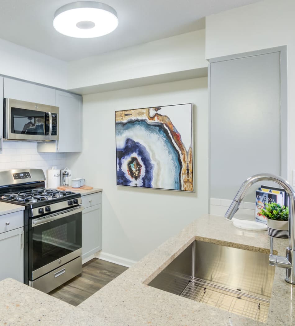 Modern kitchen with granite countertops in a model home at Sofi at 50 Forest in Stamford, Connecticut