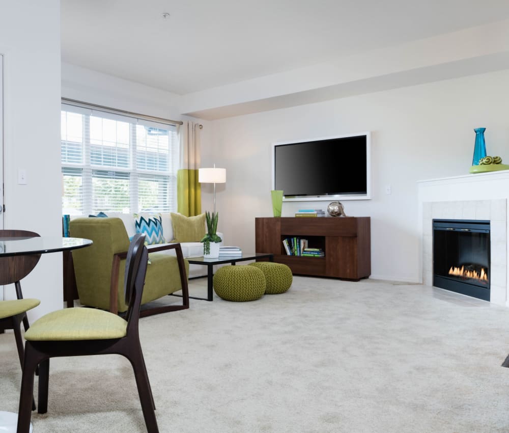 Living room with fireplace at Avery at Orenco Station in Hillsboro, Oregon