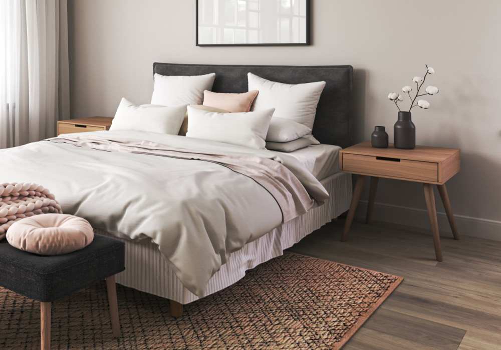Model bedroom with wood-style flooring at Oldham & Worth in Raleigh, North Carolina