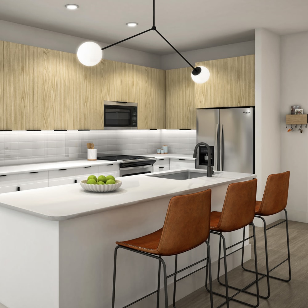 Rendering of kitchen at Raven South End in Charlotte, North Carolina