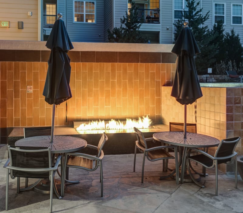 Outdoor patio with a gas fire pit at The Marq at Ridgegate in Lone Tree, Colorado