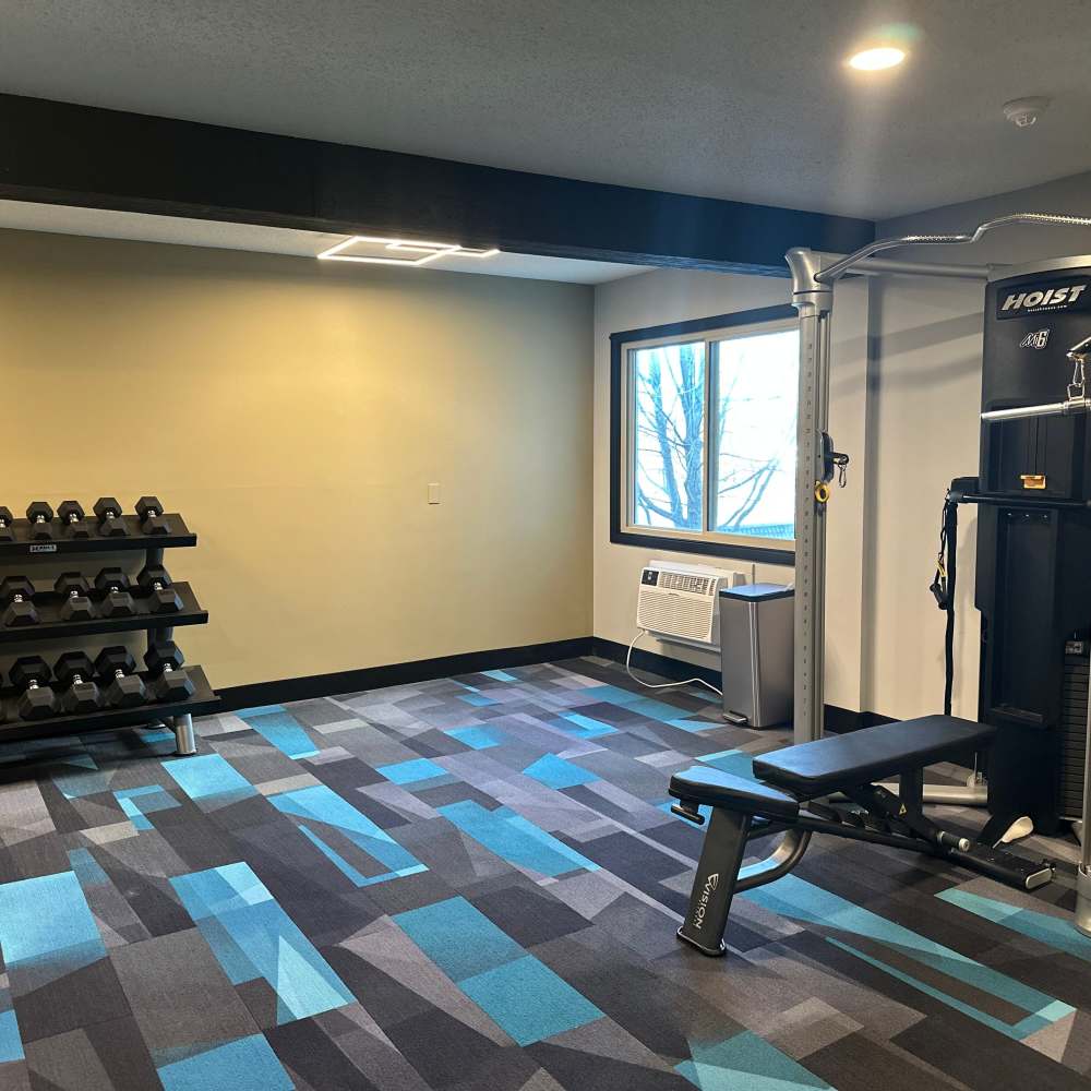 Strength training equipments of fitness center at Morada in Crystal, Minnesota