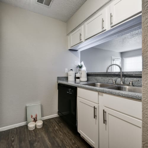 An apartment kitchen at The Sage at 1955 in San Antonio, Texas