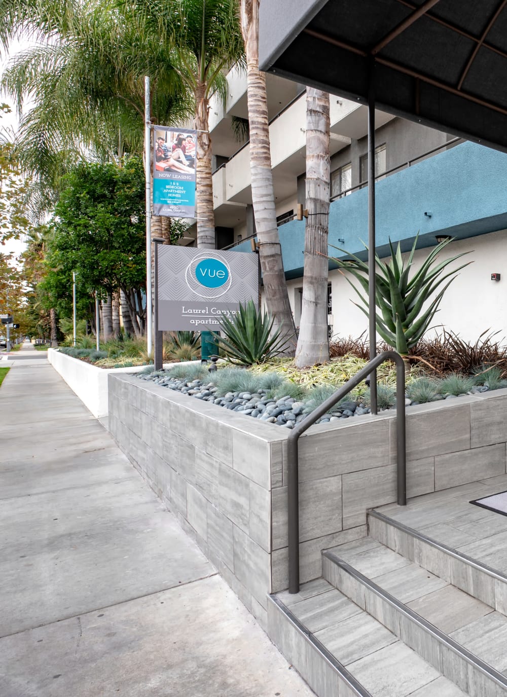 Exterior of high-rise apartments at Vue at Laurel Canyon in Valley Village, California