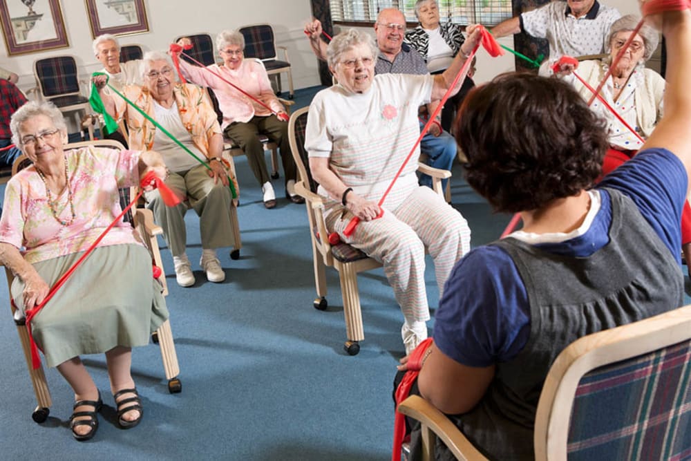 Group of seniors at a fitness class at Traditions of Cross Keys