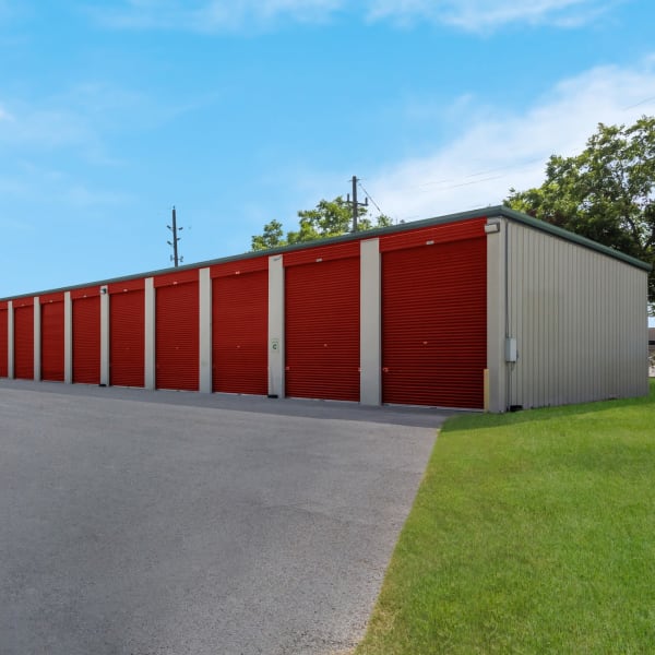 Outdoor drive-up storage units at StorQuest Self Storage in Richmond, Texas