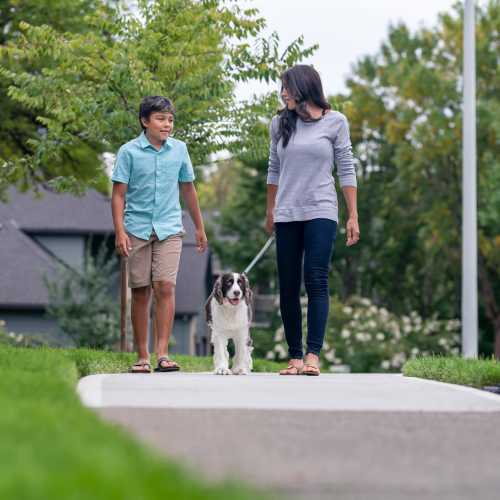 Family walking with dog in pet-friendly community at Windsor Gardens Apartments in Rochester, New York