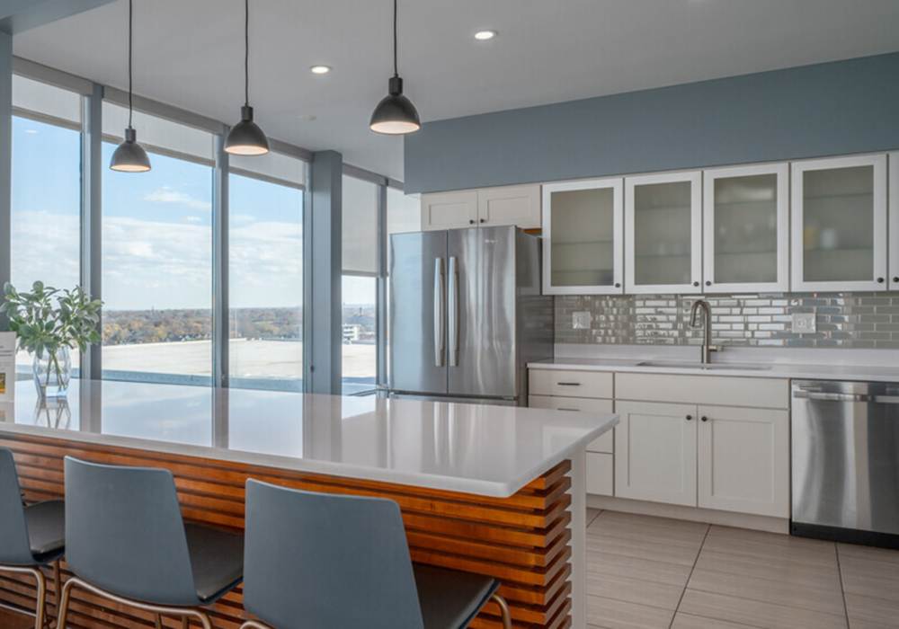 Community kitchen with stainless-steel appliances at 12000 Edgewater in Lakewood, Ohio