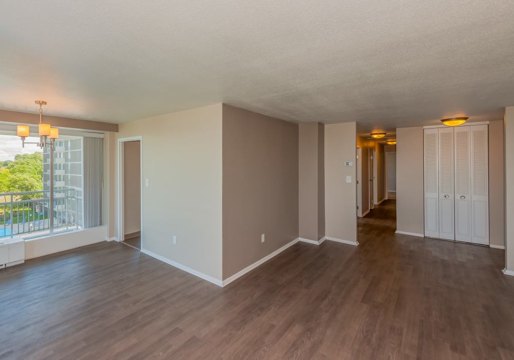 Living room with an elegant neutral color palette at 12000 Edgewater in Lakewood, Ohio
