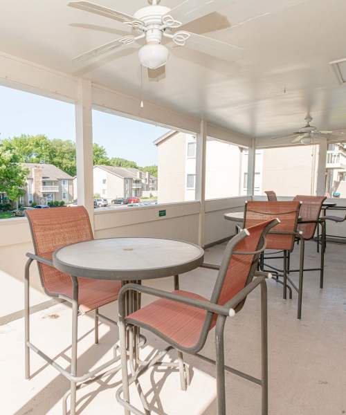 Rooftop common seating area at Waterford Manors in Manchester, Missouri