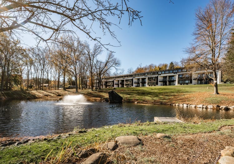 A water feature in the community pond at Whitewood Pond Apartments in North Haven, Connecticut