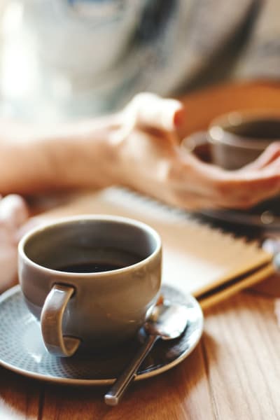 Residents enjoy morning coffee at River Ranch, Simi Valley, California