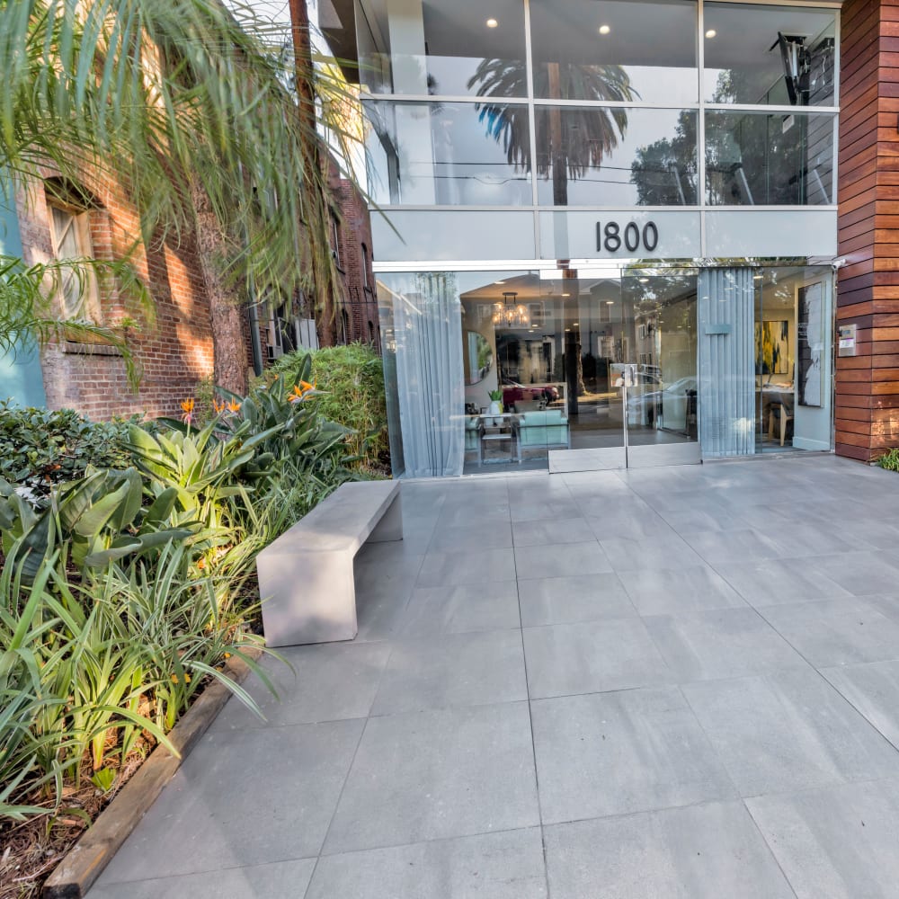 Beautifully landscaped entrance to The Tower at Hollywood Hills, Los Angeles, California