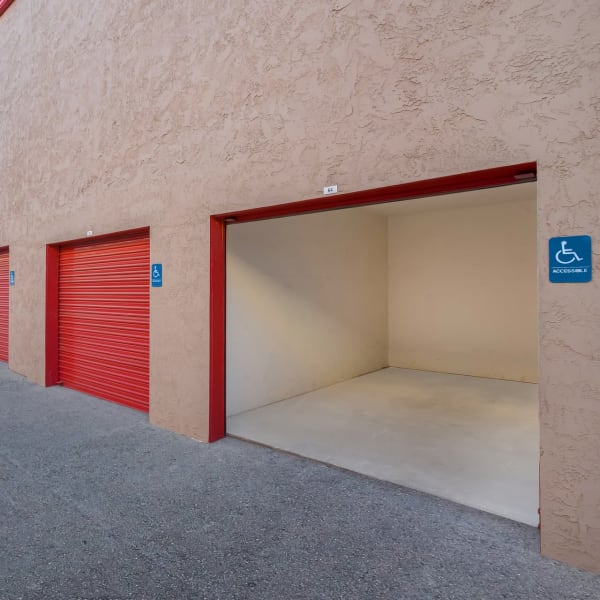 Open accessible storage units at StorQuest Self Storage in Riverside, California