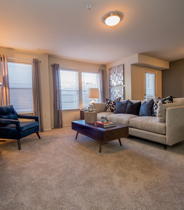Carpeted living room at Watercress Apartments in Maize, Kansas