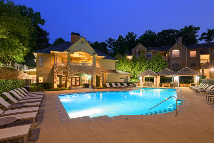 Beautiful night view of our swimming pool at Highland Square in Atlanta, Georgia