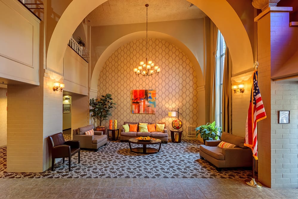 Sitting area in the entrance to Maiden Bridge & Canongate Apartments in Pittsburgh, Pennsylvania