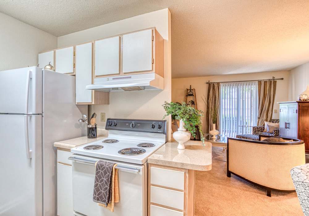 Kitchen and dining room with refrigerator, stove, and view of well-lit living room at Treybrooke Village in Greensboro, North Carolina