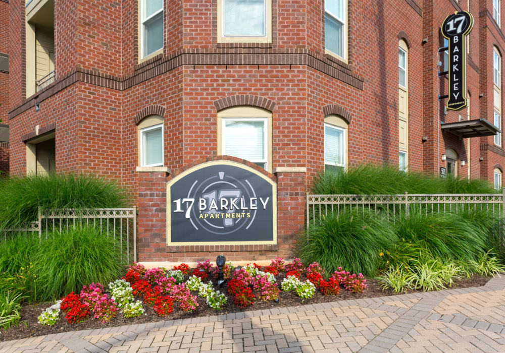 Our monument sign surrounded by professionally maintained landscaping at 17 Barkley in Gaithersburg, Maryland