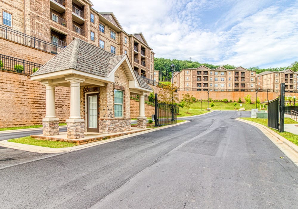 Front exterior with gated entry at Greymont Village in Asheville, North Carolina