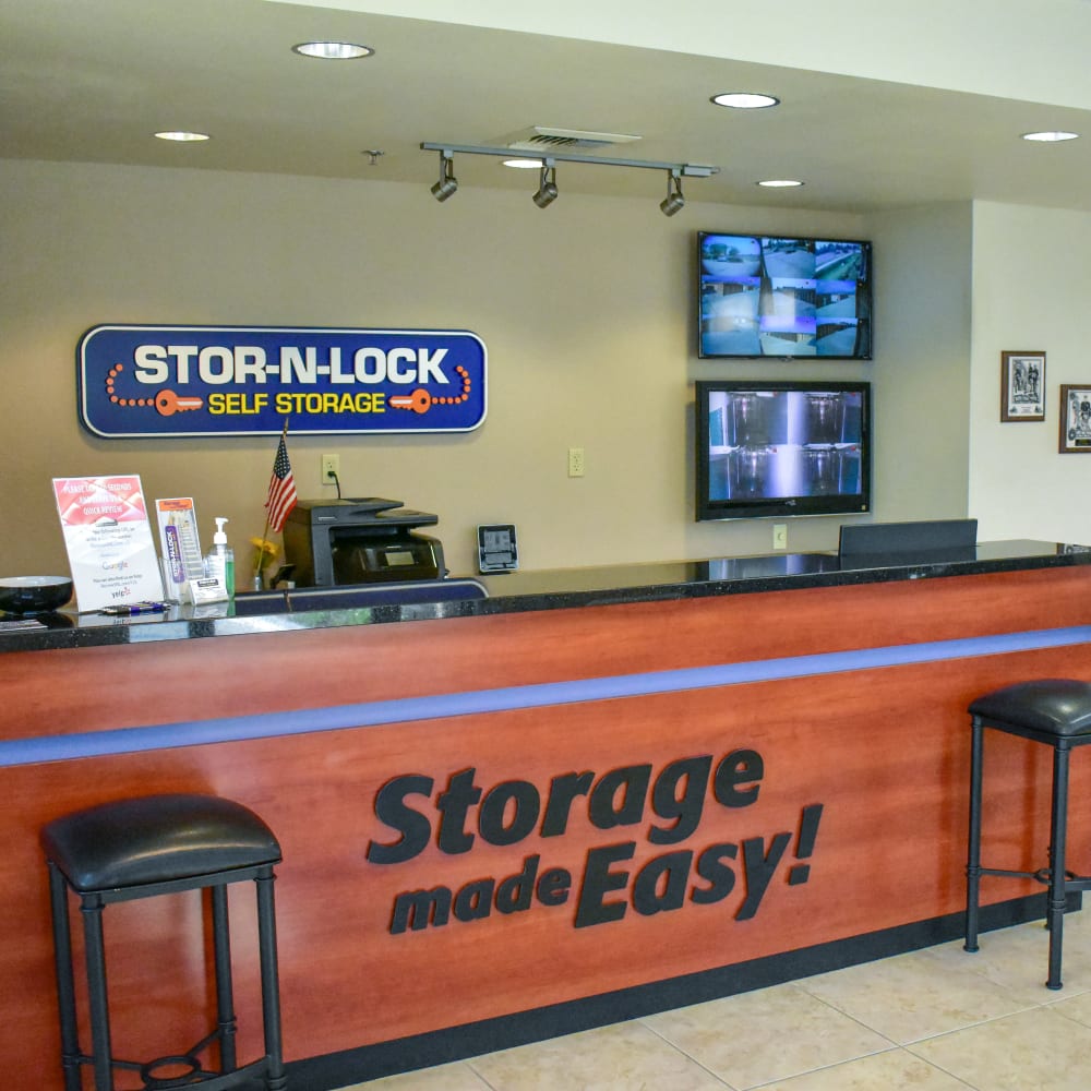 Inside the welcoming office at STOR-N-LOCK Self Storage in Redlands, California